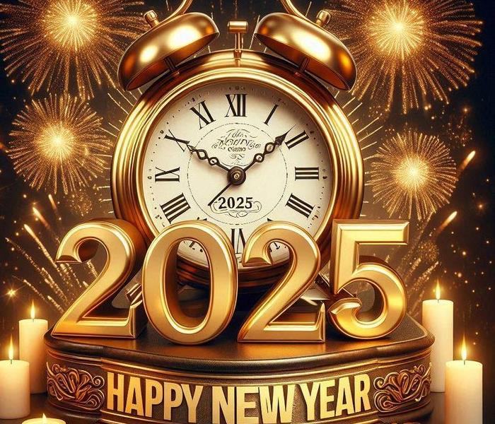 Photo shows a clock with Happy New Year 2025